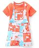 Babyhug 100% Cotton Knit Dungarees With Half Sleeves T-Shirt Text & Tropical Print - Orange & White