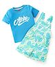 Babyhug 100% Cotton Knit Dungarees & Half Sleeves T-Shirt With Text & Tropical Print - Green & Blue