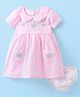 Babyhug Seer Sucker Woven Half Sleeves Checked Frock with Bloomer Floral Embroidery - Pink