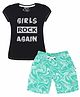 3PIN Half Sleeves Girls Rock Again Text Printed Tee With Shorts - Black & Turquoise Blue