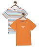 3PIN Pack Of 2 Half Sleeves Striped & Summer Fun Text Printed Cotton Jersey Tees - Multi Colour & Orange