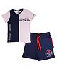 3PIN Half Sleeves Colour Blocked Tee & Basketball Net Printed Shorts Set - Pink & Navy Blue