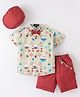 Robo Fry Cotton Woven Half Sleeves Shirt and Shorts with Bow Cap & Suspender Boat Print - White
