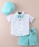 Robo Fry Cotton Woven Half Sleeves Solid Shirt & Striped Shorts Set With Cap Bow & Suspender - White & Blue