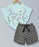 Plum Tree Bat Wing Sleeves Butterfly Printed Tee & Shorts Set - Black & Aqua Blue