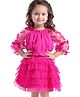 Babyhug Woven Full Sleeves Top & Layered Skirt Set with Butterfly Applique - Fuschia