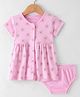 Doreme Single Jersey Knit Half Sleeves Frock & Bloomer With Floral Print - Caranation Pink