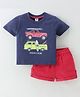 ToffyHouse 100% Cotton Knit Half Sleeves T-Shirt & Shorts Set with Car Print - Navy Blue