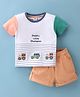 ToffyHouse 100% Cotton Knit Half Sleeves T-Shirt & Shorts Set with Car & Jeep Embroidery - White