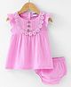Pepito Cotton Woven Frill Sleeves Frock with Bloomer  Floral Embroidery - Pink