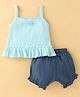 Pepito Cotton Woven Sleeveless Top & Shorts with Floral Applique  - Sky & Navy Blue