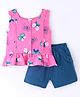 Pepito Cotton Woven Sleeveless Butterfly Printed Top with Solid Colour Shorts Set - Pink