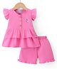 Pepito Cotton Knit Half Sleeves Top & Shorts with Floral Embroidery - Pink
