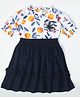 Bella Moda Half Sleeves Abstract Fruits  Printed Tiered Dress - Navy Blue