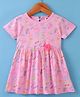 ToffyHouse Cotton Knit Half Sleeves Frock with Tropical Print & Floral Applique - Pink
