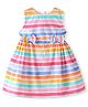 Babyhug Poplin Woven Striped Frock with Bow - Pink Blue & Yellow