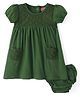 Babyhug Single Jersey Woven Puffed Sleeves Frock with Bloomer - Dark Green