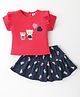 ToffyHouse Cotton Knit Half Sleeves Frill Detailed Top & Skirt Set With Teddy Embroidery - Carnation