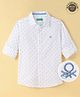 UCB Cotton Lycra Full Sleeves Shirt With Floral Print & Logo Embroidery - White