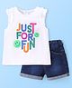 Babyhug 100% Cotton Knit Sleeveless Top & Denim Shorts With Text Print - White & Blue