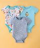 OHMS Single Jersey Knit Half Sleeves Onesies with Zebra & Dino Print Pack of 3 - Blue Grey & White (Print May Vary)