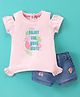 ToffyHouse 100% Cotton Half Sleeves Top & Denim Shorts Set With Tropical Print - Candy Pink