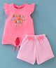 ToffyHouse 100%  Cotton Knit Frill Sleeves Top & Shorts Set with Bow & Knot Detailing Text Print - Pink