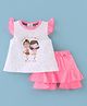 ToffyHouse Cotton Knit Frill Sleeves Top & Skirt Set With Dolls Graphics - Pink