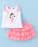 ToffyHouse 100% Cotton Knit Sleeveless Top & Woven Mesh Skirt Set With Doll Print - White & Pink