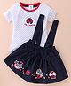 ToffyHouse 100% Cotton Knit Half Sleeves Polka Dots Top & Woven Corduroy Skirt Set With Suspender  Floral & Ladybug Embroidery - French Navy & White