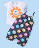 Babyhug Single Jersey Knit Dungaree & Half Sleeves T-Shirt Floral Print - White & Navy Blue