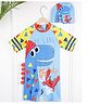 PASSION PETALS Half Sleeves Dinosaur & Crab Printed Coordinating Swimsuit & Cap Set - Light Blue & Yellow