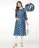 Bella Mama Viscose Woven Three Fourth Sleeves Printed With Embroidered Yoke Maternity Kurta with Pocket - Blue