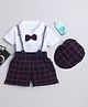 BUMZEE Half Sleeves Solid Tee With Checked Shorts & Suspender Cap - Navy Blue & White