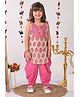 Kinder Kids Sleeveless Flower Printed Shirt Style Kurta With Katha Dhoti - Pink & White