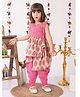 Kinder Kids Sleeveless Flower Printed High Low  Kurta With Katha Dhoti - Pink & White