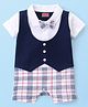 Babyhug Interlock 100% Cotton Knit Checkered Romper with Bow Applique - Navy Blue