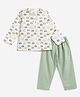 Campana 100% Cotton Woven Full Sleeves Elephant Printed Tee & Pajama Set - White & Green