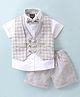 Little Kangaroos Cotton Woven Half Sleeves T-Shirt & Shorts With Waist Coat & Bow - White & Grey