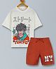 Plum Tree Cotton Half Sleeves Tokyo & New York Text Printed Tee With Shorts - White & Orange