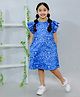 KIDSDEW Frill  Sleeves Floral Printed A Line  Dress - Blue