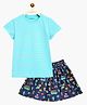 Campana  Cotton Jersey Half Sleeves Striped Tee With Bus  Printed Skirt - Turquoise Blue & Navy Blue