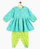 Campana 100% Cotton Full Sleeves Motif Printed Kurta & Striped Dhoti - Turquoise  Blue & Lime Green