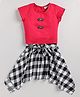 M'andy Cotton Half Sleeves Solid Top With Checked Skirt Set - Magenta Red