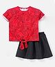 M'andy Cotton Half Sleeves Animals Printed Top & Skirt Set - Red