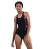 Speedo Sleeveless Racer Back V Cut Swimsuit with Text & Line Print - Navy Blue & Pink