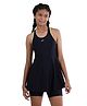 Speedo Sleeveless Racer Back Frock Style Swimsuit with Text Print - Navy Blue & Yellow