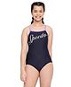 Speedo Sleeveless Racer Back V Cut Swimsuit with Text Print - Navy Blue &  White