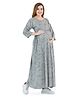 Lovely Mom's Three Fourth Sleeves Leaves Printed A Line Long Dress With Concealed Zipper Nursing Access - Grey