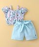 Dew Drops Poplin Woven  Half Sleeves Top & Shorts Set with Floral  Print & Bow Applique  - Aqua Blue